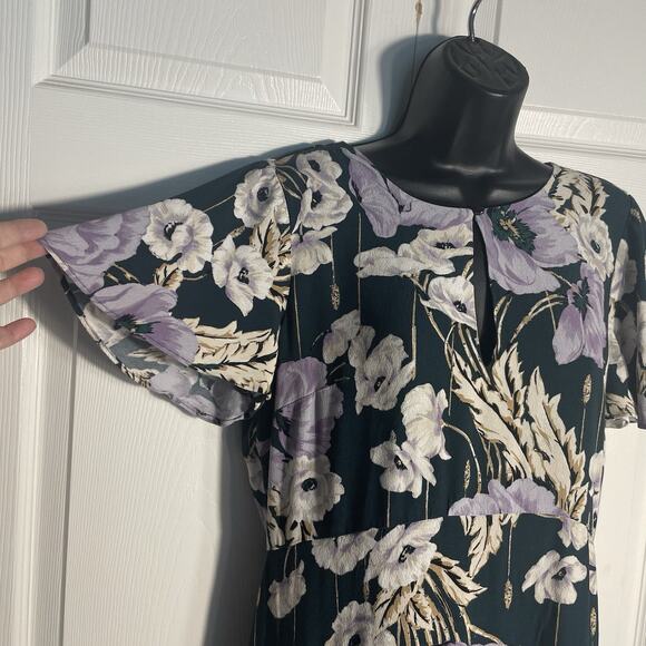 Vintage Y2K Ann Taylor Dress Women 12 Green Beige Purple Large Flowers Babydoll - Picture 2 of 13